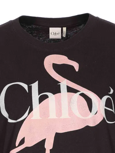 Chloé Women Black Crewneck T-shirt With Maxi Logo Print On The Front In Cotton Woman In Brown