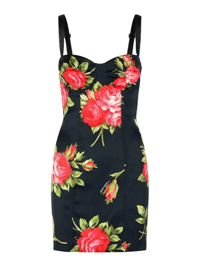 Dolce & Gabbana Black Short Dress With Floral Print In Viscose Woman In Black