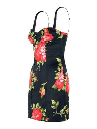 Dolce & Gabbana Black Short Dress With Floral Print In Viscose Woman In Black