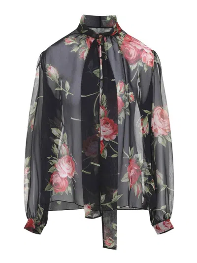 Dolce & Gabbana Rose Bouquet-print Silk Chiffon Neck-tie Blouse In Black