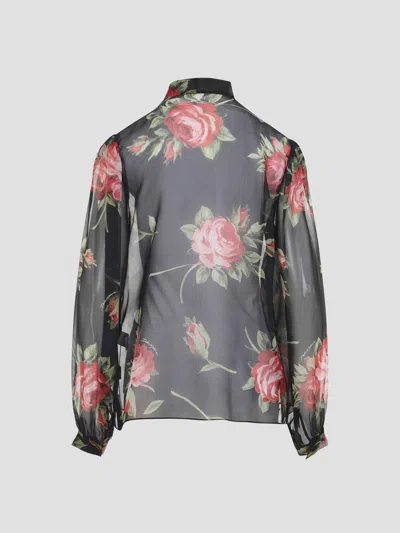 Dolce & Gabbana Rose Bouquet-print Silk Chiffon Neck-tie Blouse In Black