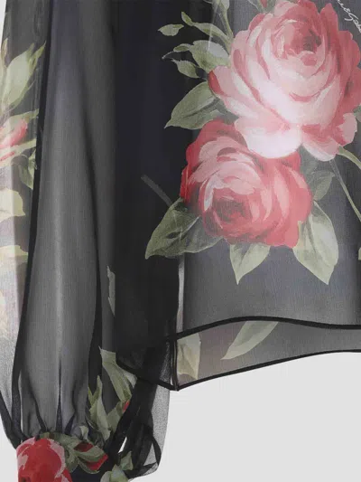 Dolce & Gabbana Rose Bouquet-print Silk Chiffon Neck-tie Blouse In Black