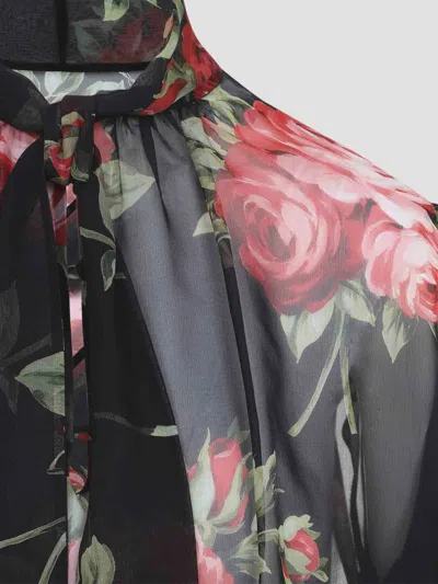 Dolce & Gabbana Rose Bouquet-print Silk Chiffon Neck-tie Blouse In Black
