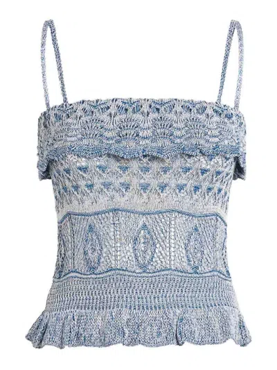 Etro Cropped Ruffled Pointelle-knit Cotton-blend Top In Blue
