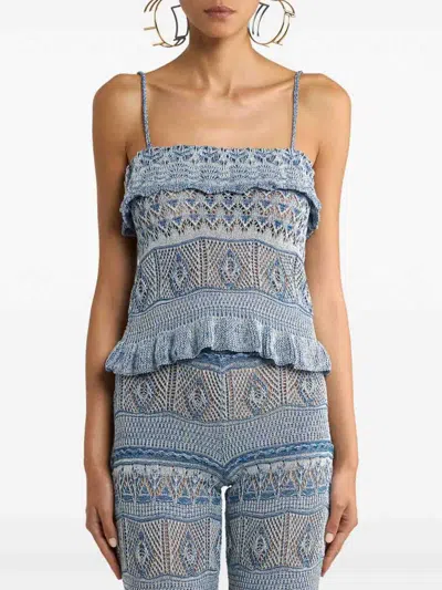 Etro Cropped Ruffled Pointelle-knit Cotton-blend Top In Blue