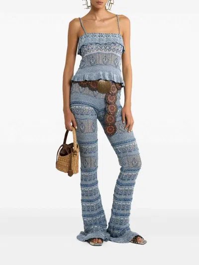 Etro Cropped Ruffled Pointelle-knit Cotton-blend Top In Blue