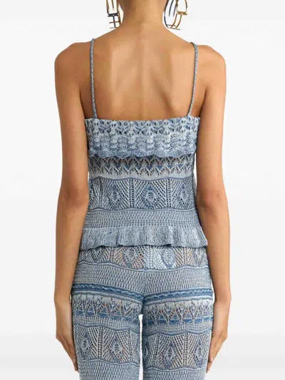 Etro Cropped Ruffled Pointelle-knit Cotton-blend Top In Blue