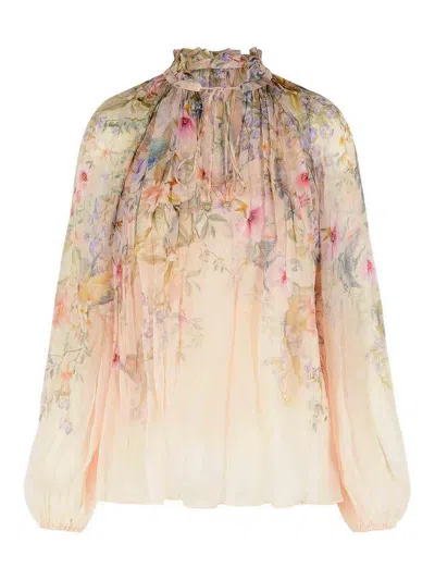 Zimmermann 'rebellion' Multicolor Blouse With Bow Detail On The Front And All-over Floral Motif In Viscose Woma
