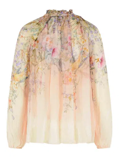 Zimmermann 'rebellion' Multicolor Blouse With Bow Detail On The Front And All-over Floral Motif In Viscose Woma