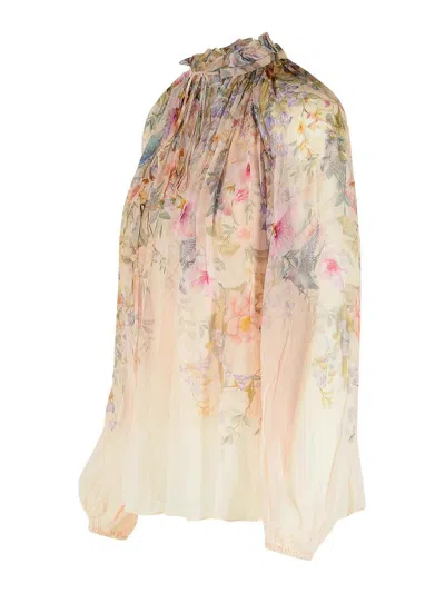 Zimmermann 'rebellion' Multicolor Blouse With Bow Detail On The Front And All-over Floral Motif In Viscose Woma