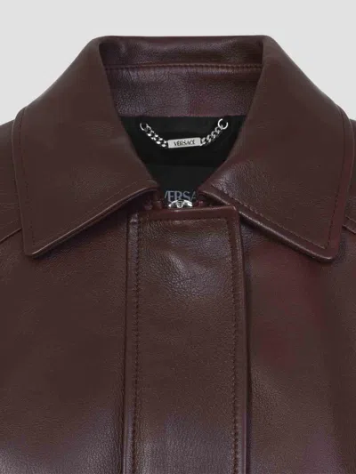 Versace Buffalo Leather Jacket Collared Design In Burgundy