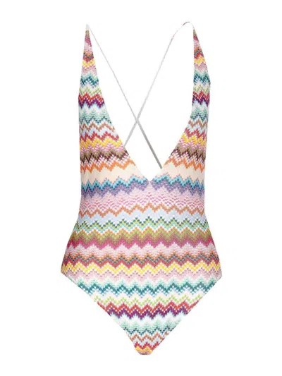 Missoni Multicolor One-piece Swimsuit With V-neck And All-over Zig-zag Motif In Stretch Viscose Blend Woman In Pink
