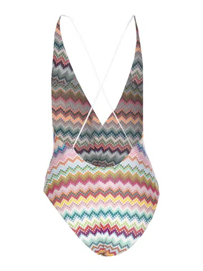 Missoni Multicolor One-piece Swimsuit With V-neck And All-over Zig-zag Motif In Stretch Viscose Blend Woman In Pink
