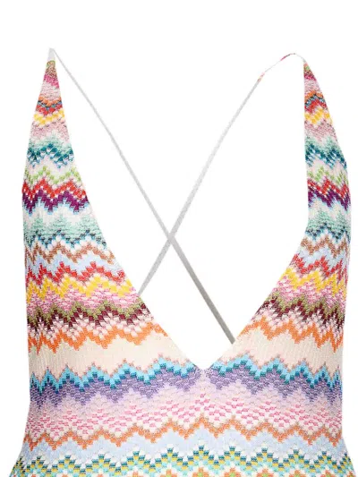 Missoni Multicolor One-piece Swimsuit With V-neck And All-over Zig-zag Motif In Stretch Viscose Blend Woman In Pink