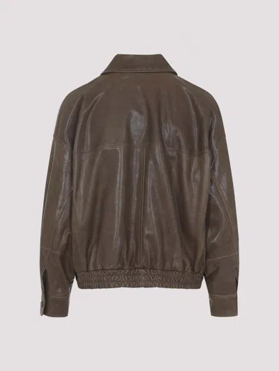 Brunello Cucinelli Leather Bomber Jacket Point Collar Hem In Brown