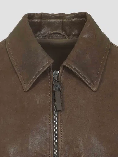 Brunello Cucinelli Leather Bomber Jacket Point Collar Hem In Brown