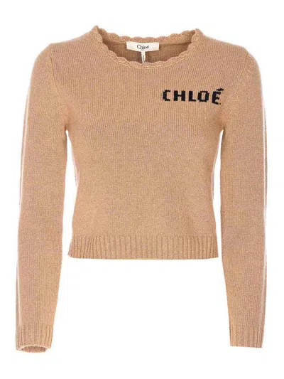 Chloé Scalloped Wool And Cashmere Blend Sweater In Neutral