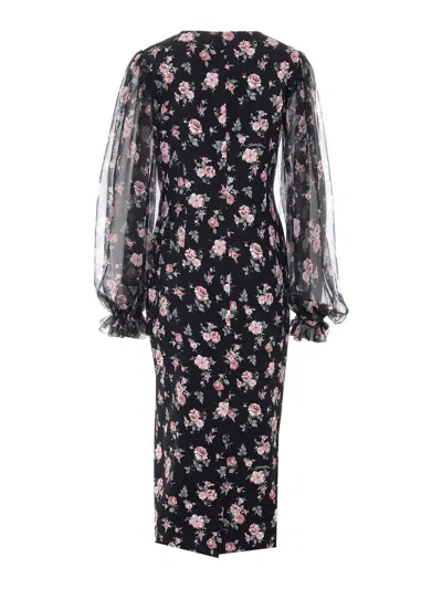 Dolce & Gabbana Women Black Dress With Round Neckline And All-over Floral Motif In Silk Blend Woman In Black
