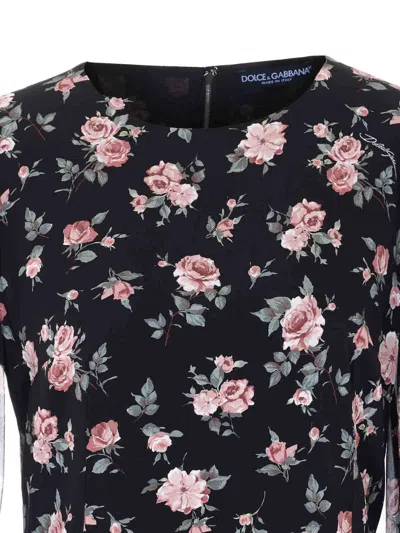 Dolce & Gabbana Women Black Dress With Round Neckline And All-over Floral Motif In Silk Blend Woman In Black
