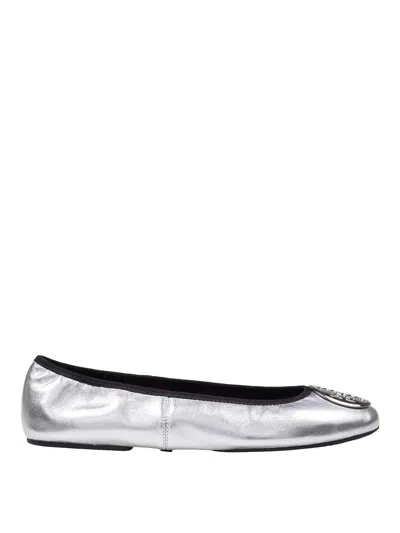 Tory Burch Silver Colored Ballerinas With Logo Plaque On The Front And Elasticated Design In Leather Woman