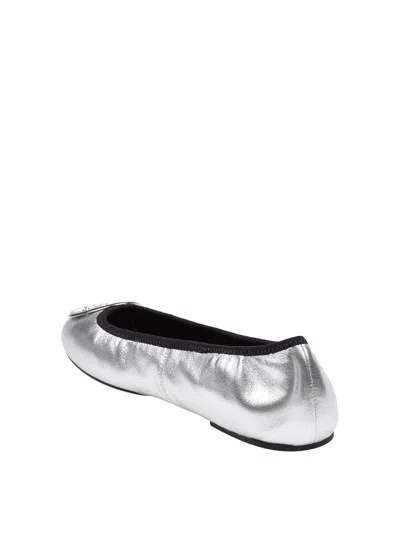 Tory Burch Silver Colored Ballerinas With Logo Plaque On The Front And Elasticated Design In Leather Woman