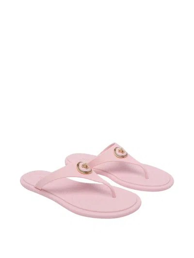 Versace Gianni Ribbon Pink Sandals With Metallic Medusa Head On The Front In Rubber Woman