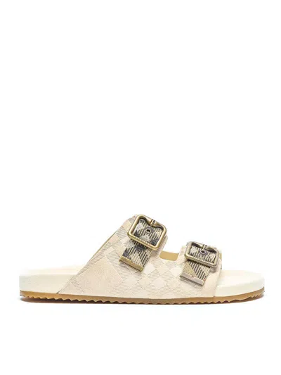Burberry Checked Canvas Jacquard-trimmed Suede Sandals In Neutral