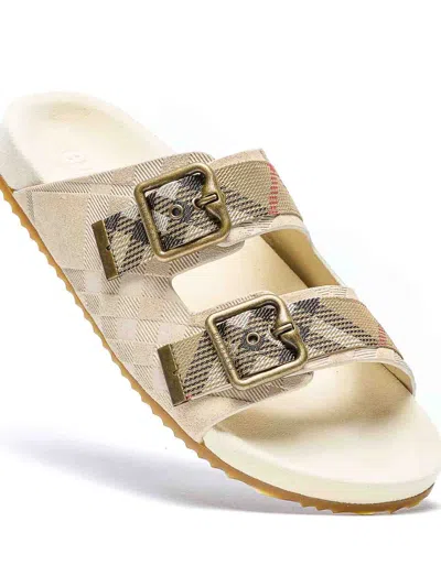 Burberry Checked Canvas Jacquard-trimmed Suede Sandals In Neutral