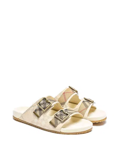 Burberry Checked Canvas Jacquard-trimmed Suede Sandals In Neutral