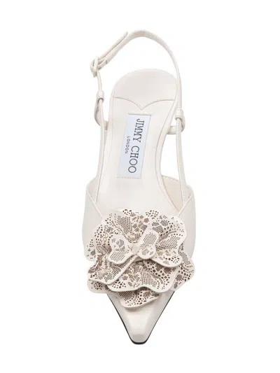 Jimmy Choo Latte Shiny Nappa Leather Slingbacks With Lace Corsage In White