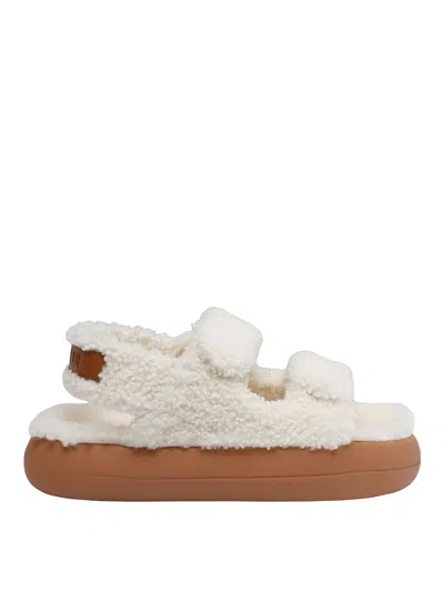 Moon Boot Shearling Sandals Flat Sole Open Toe In White