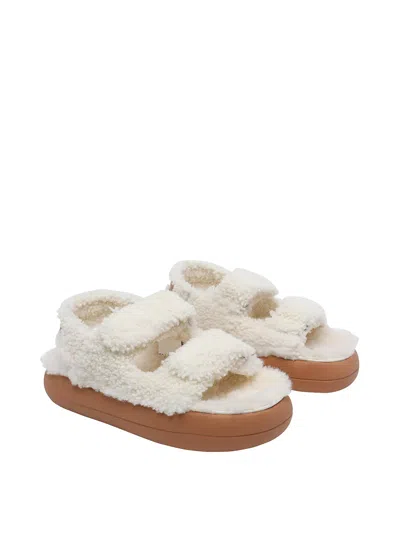 Moon Boot Shearling Sandals Flat Sole Open Toe In White
