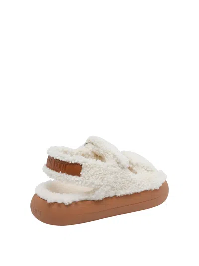 Moon Boot Shearling Sandals Flat Sole Open Toe In White