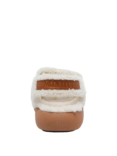 Moon Boot Shearling Sandals Flat Sole Open Toe In White