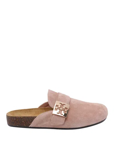 Tory Burch Mellow Metal-logo Suede Mules In Nude