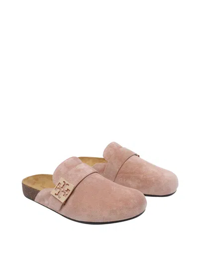 Tory Burch Mellow Metal-logo Suede Mules In Nude