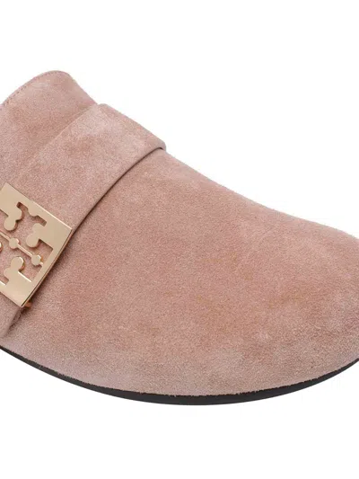 Tory Burch Mellow Metal-logo Suede Mules In Nude