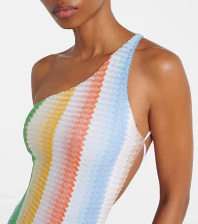 Missoni Mare One-shoulder Striped Metallic Crochet-knit Swimsuit In Multi