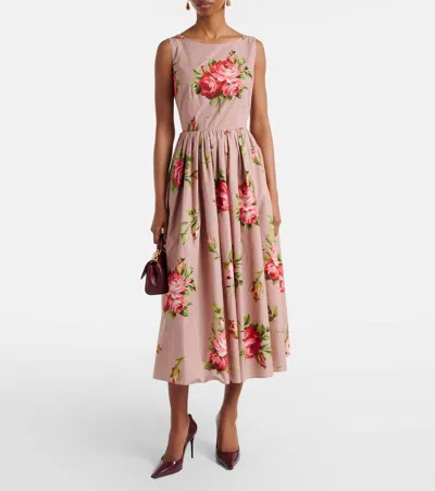 Dolce & Gabbana Abito Midi In Cotone Rosa Con Stampa Fiori Dolce E Gabbana In Pink