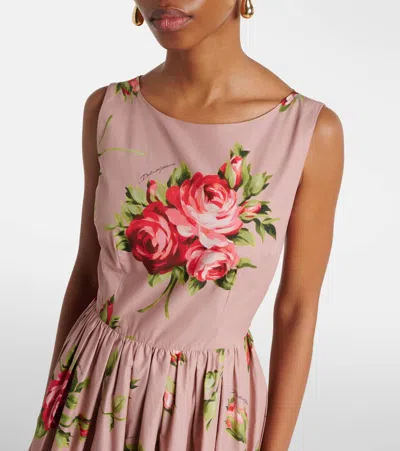 Dolce & Gabbana Abito Midi In Cotone Rosa Con Stampa Fiori Dolce E Gabbana In Pink