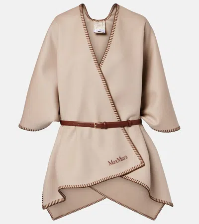 Max Mara Belted Whipstitched Embroidered Wool Cape In Neutral
