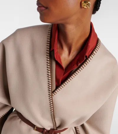 Max Mara Belted Whipstitched Embroidered Wool Cape In Neutral
