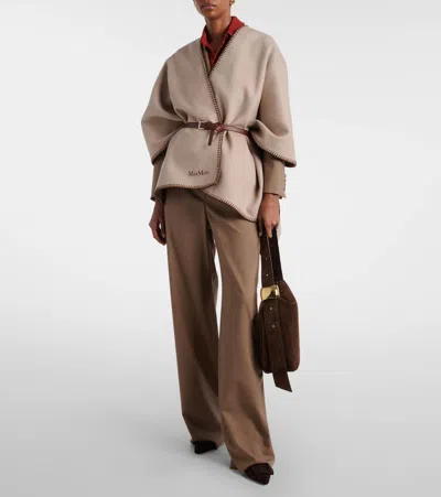 Max Mara Belted Whipstitched Embroidered Wool Cape In Neutral