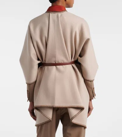 Max Mara Belted Whipstitched Embroidered Wool Cape In Neutral