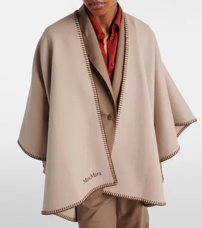 Max Mara Belted Whipstitched Embroidered Wool Cape In Neutral