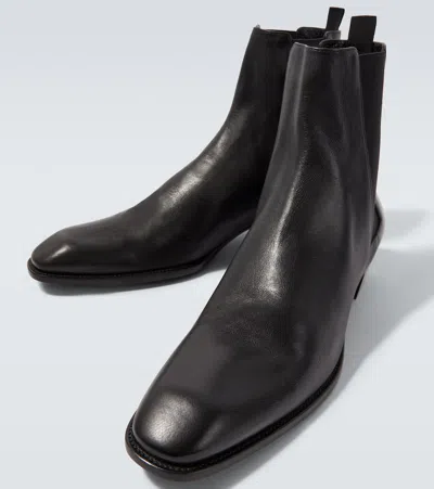 Saint Laurent Leather Chelsea Stanton Ankle Boots Low Heel In Black