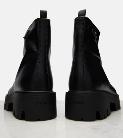Prada Leather Platform Ankle Boots In Black