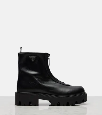 Prada Leather Platform Ankle Boots In Black