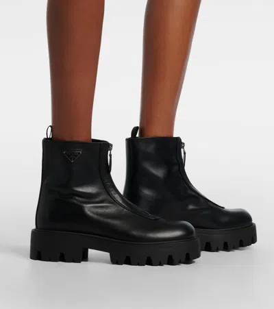 Prada Leather Platform Ankle Boots In Black