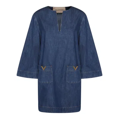 Valentino Vlogo Signature Denim Dress Three Quarter Sleeves In Blue